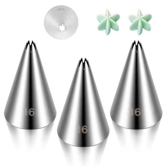 3 Pieces Cake Decrorating Tip #16, Cake Piping Tips Open Star Icing Pipings Tip Seamless Icing Tips Stainless Steel Cupcake Piping Tipes for Frosting Macarons Dessert Cakes Decorations