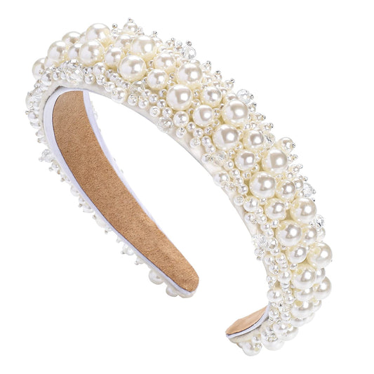 Pearl Headbands for Women White Bridal Headband Faux Pearl Rhinestones Hairbands Bridal Beaded Hair Hoop Wedding Hair Styling Accessories for Girls Women