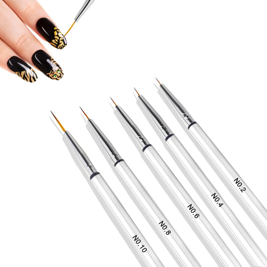 Nail Art Brushes, 5Pcs Thin Liner Brushes 6/8/10/12/20mm Gel Polish Brush Detail Drawing Brush for Long Lines, Thin Details, Fine Drawing(Clear)