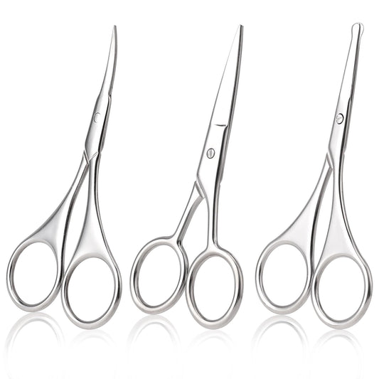 3Pcs Eyebrows Scissors Facial Hair Grooming Scissors Nose Hair Scissors Stainless Steel Small Scissors for Eyebrows, Nose, Beard (Silver)