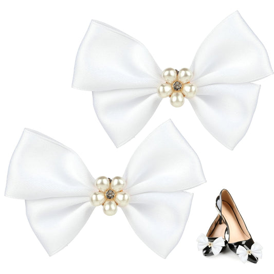 2 Pieces Shoe Clips with Bow Elegant Shoe Clips with Bow for Flat Shoes Removable White Satin Bow Shoe Jewelry Beads Shoe Clips Buckle Shoe Decoration Charms Shoe Clips for Pumps, White, 38.5 EU
