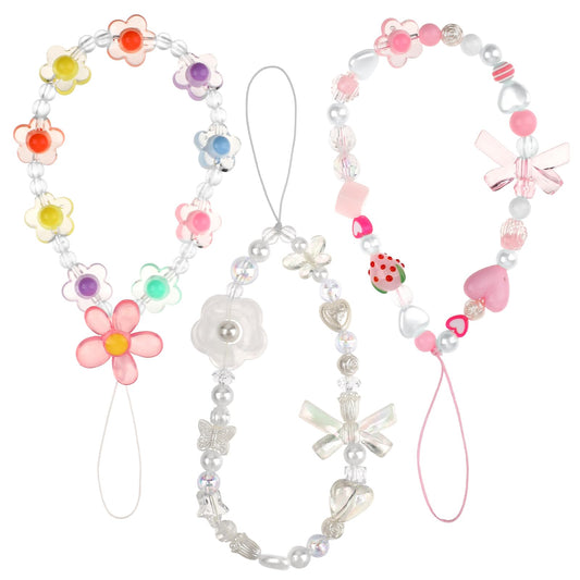 salbsever 3 Pcs Phone Cute Phone Charms Wrist Strap Beaded Mobile Phone Lanyard Aesthetic Phone Bracelet Flower Phone Anti-Lost Chains Strawberry and Butterfly Phone Hand Lanyard for Women