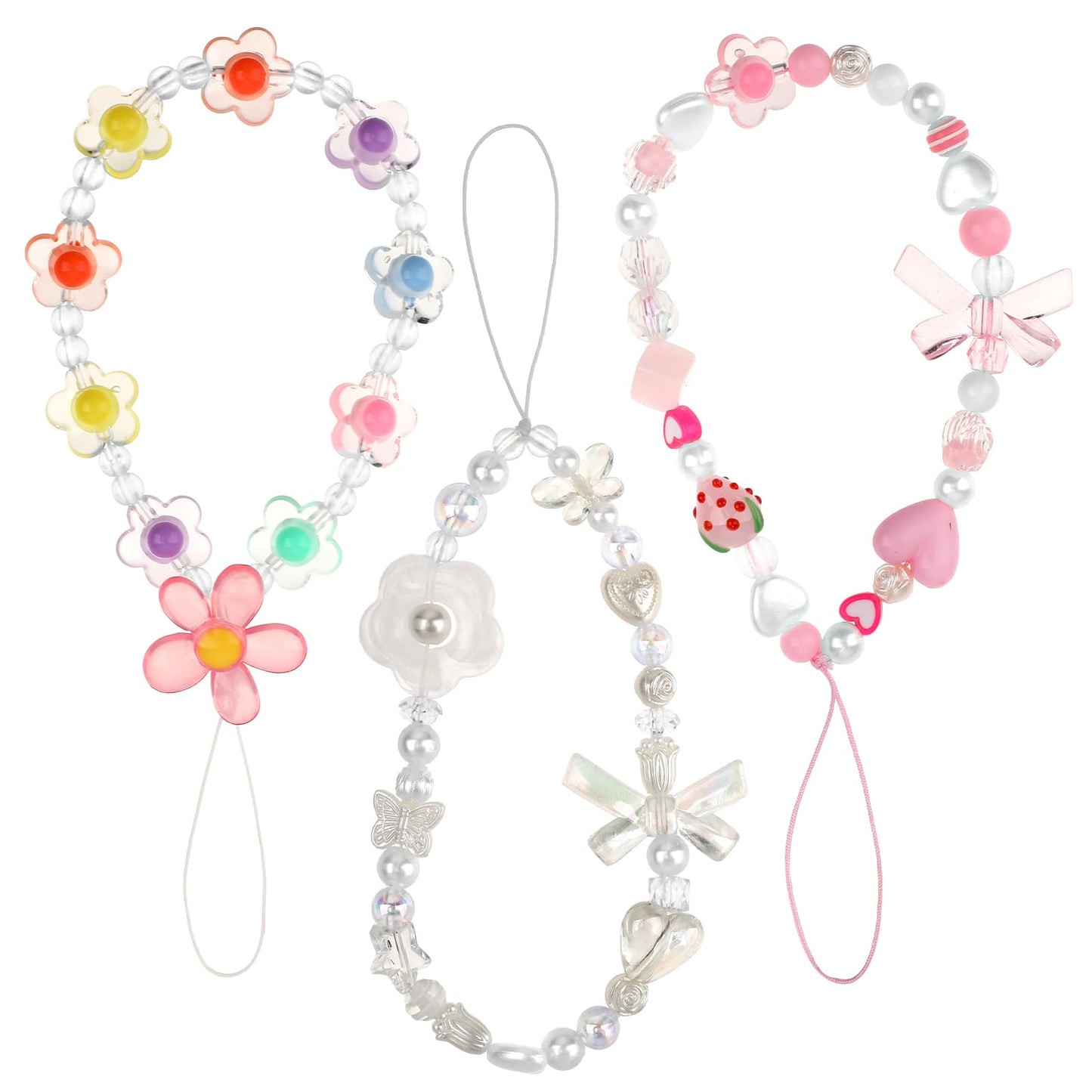 salbsever 3 Pcs Phone Cute Phone Charms Wrist Strap Beaded Mobile Phone Lanyard Aesthetic Phone Bracelet Flower Phone Anti-Lost Chains Strawberry and Butterfly Phone Hand Lanyard for Women