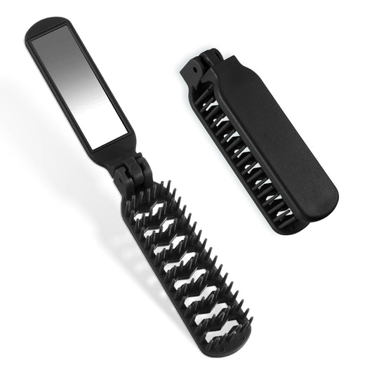 Mini Hair Brush, Travel Folding Hair Brush with Mirror Portable Small Vented Hair Brush Black Pocket Comb for Thick Curly Hair Blow Drying, Smoothing, Detangling, Mini Hairbrush for Women and Men