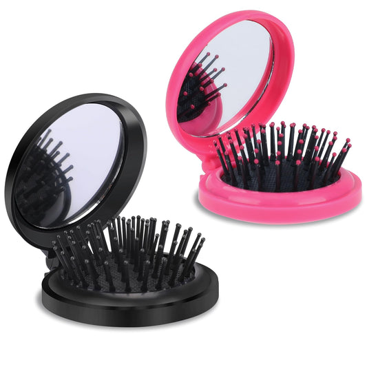 Mini Travel Hair Bruah for Women, 2 Pcs Foldable Round Hairbrush with Mirror Small Hair Comb Pocket Size Hair Brush Portable Hair Styling Tools (Black/Pink)