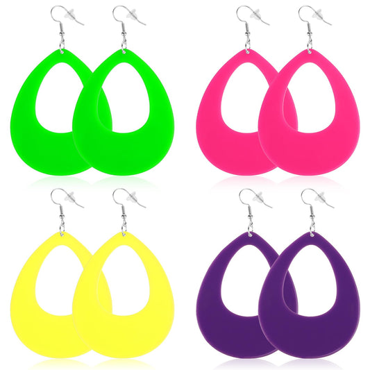 4 Pairs Acrylic Neon Earrings, Colorful Earrings Women Retro Acrylic Colorful Pendant Earrings Women Retro Candy Color Earrings Lightweight Earrings for Party Costume Accessory (Water Drop Shape)