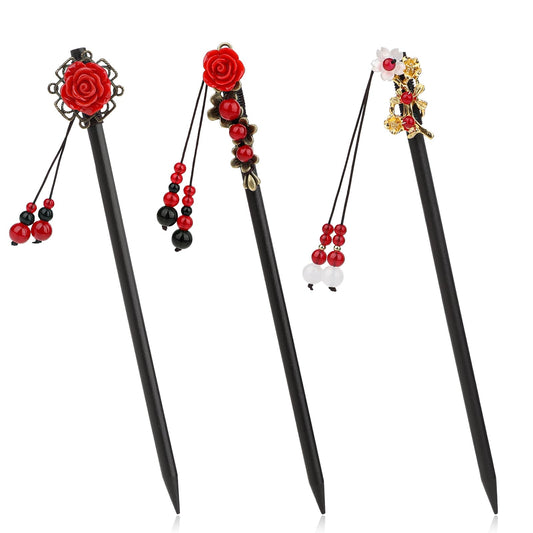 3 Pcs Chinese Hair Sticks Wooden Hair Chopsticks for Women Retro Wooden Hairpins Japanese Floral Hair Sticks Vintage Tassel Flower Hairpins Wooden Hair Accessories for Women Girls