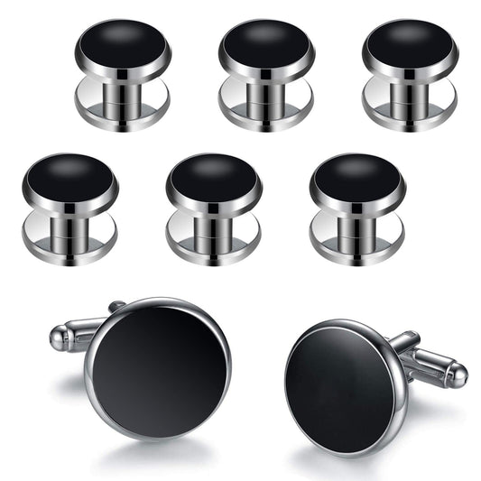 Cufflinks and Tuxedo Studs Set 2pcs Cufflinks for Men and 6pcs Tuxedo Buttons Black Round Cufflinks Tuxedo Studs Set for Men Christmas Festival Wedding Business Birthday Gift