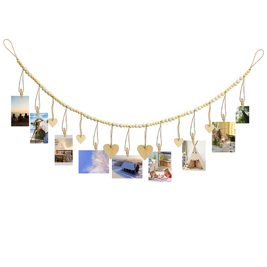 Large Wall Hanging Photo Display Decor, Boho Collage Picture Frame with Wooden Beads Garland, DIY Photo Hanger Frame Set with Wooden Clips Heart Tags for Home, Dorm, Office Decor Supplies