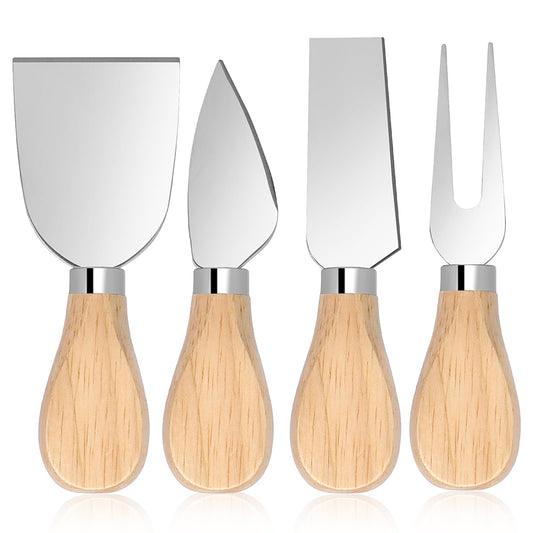 KALIONE 4 PCS Cheese Knives Set with Wooden Handle, Butter Cutter, Mini Stainless Steel Cheese Fork Knives Shovel for Cheese Slicer, Cake, Dessert and Butter Cutter