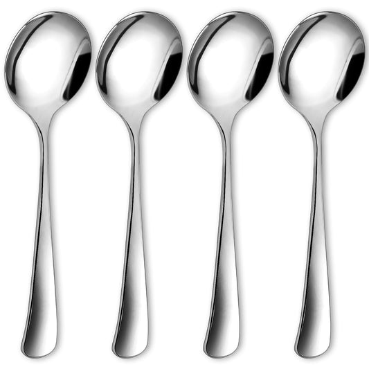 7.5" Stainless Steel Soup Spoon Set of 4, Small Round Deep Bowl Dinner Spoons, Silverware Serving Spoons for Home Kitchen Restaurant, Dishwasher Safe