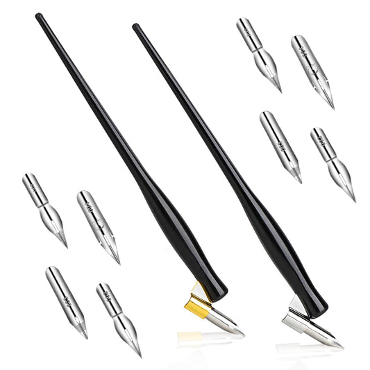 10PCS Oblique Calligraphy Dip Pen Set Comic Pen Nib Set Fluid Writer Pen, 2-in-1 Drawing Pen Holder with 8 Pieces Stainless Steel Pen Replacement Nibs Nib for Writing, Painting, Signing, Sketch