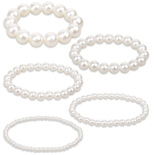 KALIONE 5 Pcs Elastic White Pearl Stretch Bracelets Set for Women Stackable Pearl Bracelets for Girls Bridesmaid Layered Pearl Bracelets