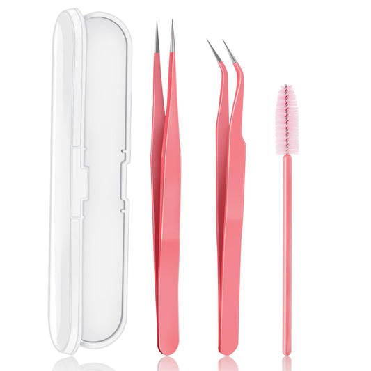 Eyelash Extension Tweezers,3 Pcs Professional Lash Tweezers for Eyelash Extensions Application Stainless Steel Straight and Curved Lash Tweezers Set with Eyelash Brush (Pink)