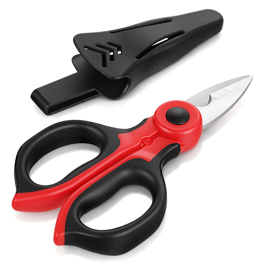 Electrician Scissors 6 Inch Stainless Steel Heavy Duty Wire Shears Serrated Notch Blade with Protective Case for Crimping Aluminium Copper Soft Cable Line Strip Fiber Optic Cable