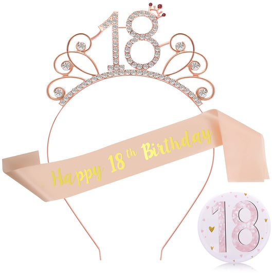 Sliverdew 18th Birthday Party Decoration,3Pcs 18th Birthday Sash and Crown Rose Gold Birthday Decoration 18th Birthday Rhinestone Tiara Crown Rose Gold Tiara Set with Rhinestone Design for Girls