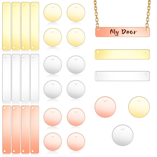 KALIONE 30 PCS Metal Stamping Blanks Kit Stamping NameTag Pendants 3 Colors Laser Engraving Blank Dog Tags Metal Blank Bar Pendant Charm Labeling Tags for DIY Necklace Crafts, Rectangle+Round