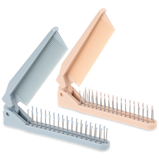 2 in 1 Travel Folding Hair Combs for Women, 2 PCS Small Foldable Pocket Size Comb Mini Compact Collapsible Hairbrush Portable Anti-Static Hair Brush Hairdressing Tools for Gym, Car, Purse, Locker