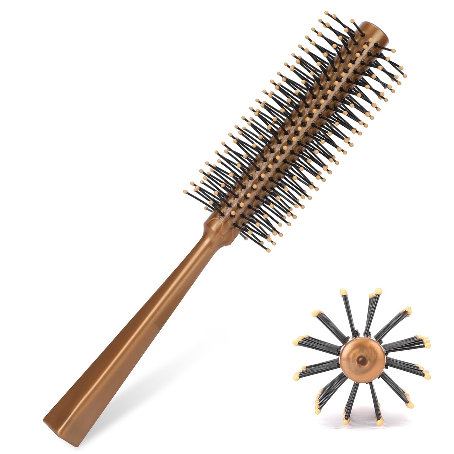 Small Round Brush for Blow Drying,Small Roller Brush with Ball-Tipped Mini Round Hair Brush with Handle Nylon Bristles Round Hair Styling Brush for Short Hair Blow Drying Bangs and Men's Beards (Gold)