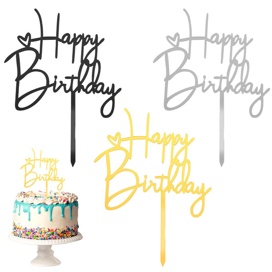 Happy Birthday Cake Topper, 6 Pieces Acrylic Birthday Cake Toppers Resuable Birthday Cake Decorations Black/Silver/Gold Happy Birthday Cake Topper for Birthday Anniversary Theme Party Cake Decorations