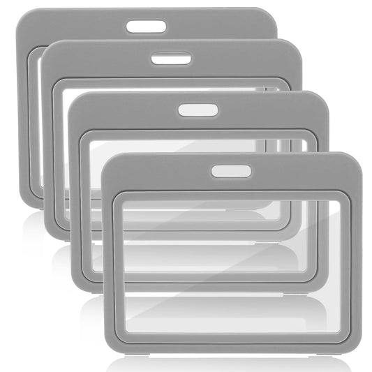 Mozeat Lens 4pcs Horizontal ID Badge Holder, Waterproof Hard Plastic Double Sided Badge Holder, Transparent Name Tag Holder for Office Employees, Exhibition Card, Grey