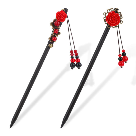 2 Pcs Chinese Hair Stick Flower Hair Chopsticks Retro Wooden Hairpins Japanese Hair Accessories Classic Hair Pins Handmade Wooden Hair Chopsticks Classic Hair Fork for Women Long Hair