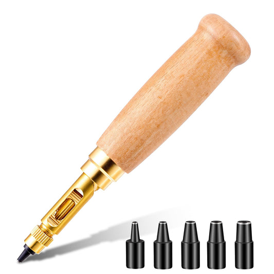 Adjustable Leather Hole Punch, Japanese Screw Punch, Wooden Handle Bookbinding Tool with 6 Tips, Belt Hole Puncher for Sewing Leather, Craft Puncher (1.5mm/2mm/2.5mm/3mm/3.5mm/4mm)