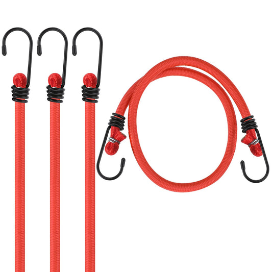 4 Pack 24" Bungee Cords with Hooks, Heavy Duty Outdoor Shock Cord Ties Tent Fixing Elastic Bungee Straps Tie Down Rope with Metal Hooks for Camping Hiking Luggage Rack Cargo Bike (Red)