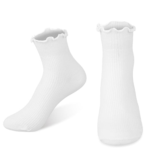 KALIONE White Ruffle Crew Socks, Cute Ruffled Ankle Socks for Women Girls, Cotton Knit Lettuce Frilly Socks Athletic Socks, Cotton Frilly Boot Ankle Socks (White,6-8)