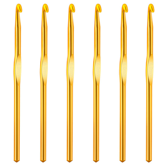 6Pcs 6mm Crochet Hook, Knitting Needles Craft Yarn, US Size J (Size 10) Aluminum Crochet Hook for DIY Craft, Gold Crochet Needles for Knitting Scarf(Gold)