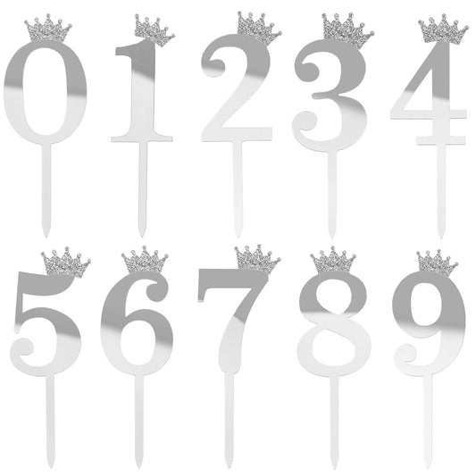 0-9 Number for Cake Topper, Shiny Acrylic Number Cake Toppers with Crown Cake Decorations Birthday Party Cake Topper for Birthday Party Wedding Anniversary(Silver)