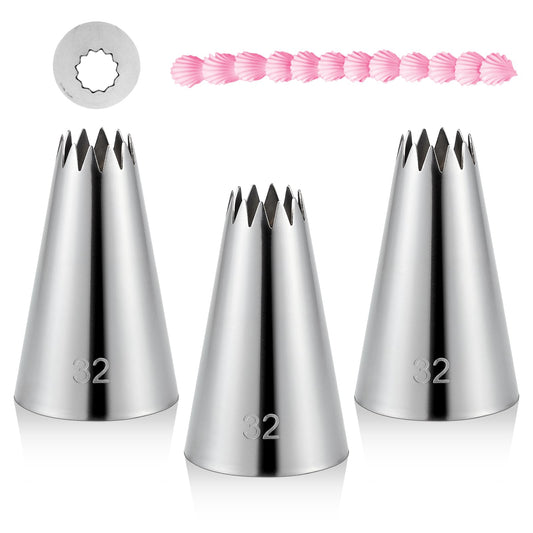 3 Pieces #32 Cake Piping Tip Open Star Icing Tip Seamless Icing Tips Stainless Steel Cupcake Piping Tips for Frosting Macarons Dessert Cake Decorations, Sliver