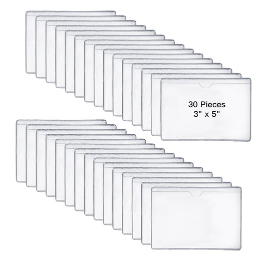 30 Pack 3"x5" Clear Self-Adhesive Index Card Pockets with Top Open for Loading, Transparent PVC Label Holders Plastic Sleeves for Card Organizing, Storage Bins, Library Card, Shelves