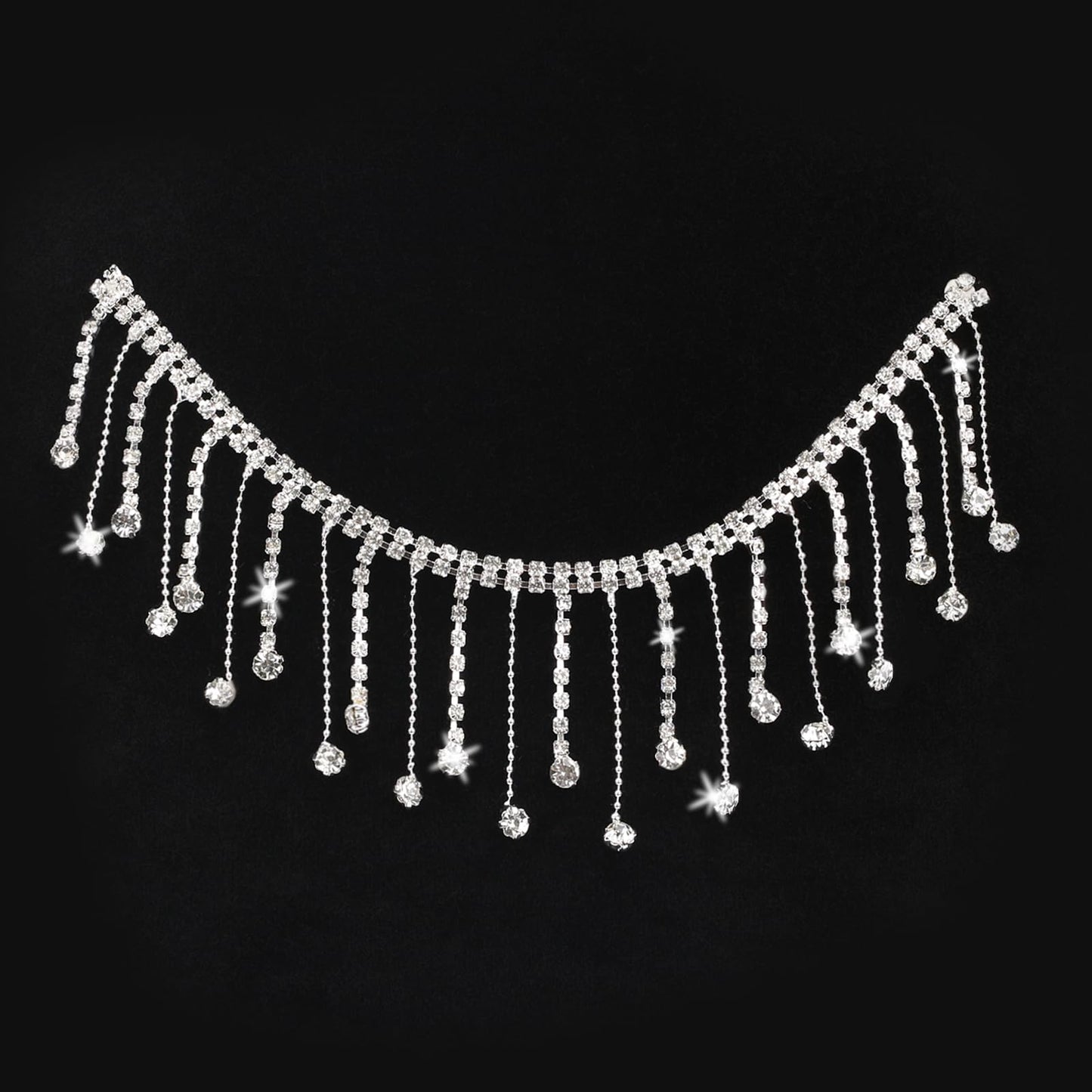 KALIONE 1Yard Rhinestone Fringe, Silver Fringe, Rhinestone Fringe Trim, Rhinestone Chain, Diamond Tassel Fringe, Crystal Beaded Fringe Trim for Jewelry Belt Dress Cloth Belt DIY Crafts Making Supplies