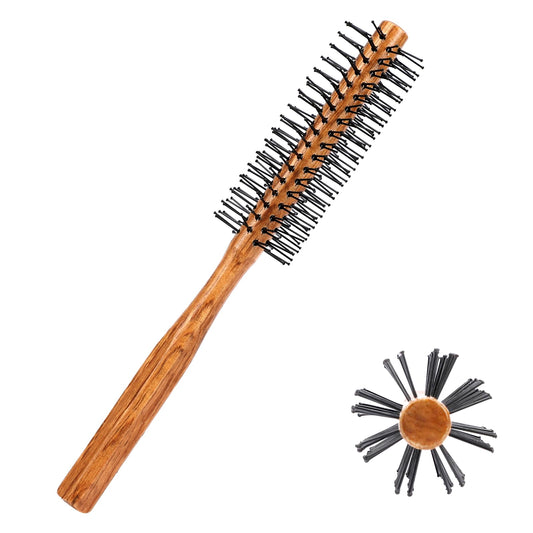 Small Round Brush for Blow Drying,Small Roller Brush with Ball-Tipped Mini Round Hair Brush with Wooden Handle Nylon Bristles Hair Styling Brush for Short Hair Blow Drying Bangs and Men's Beards