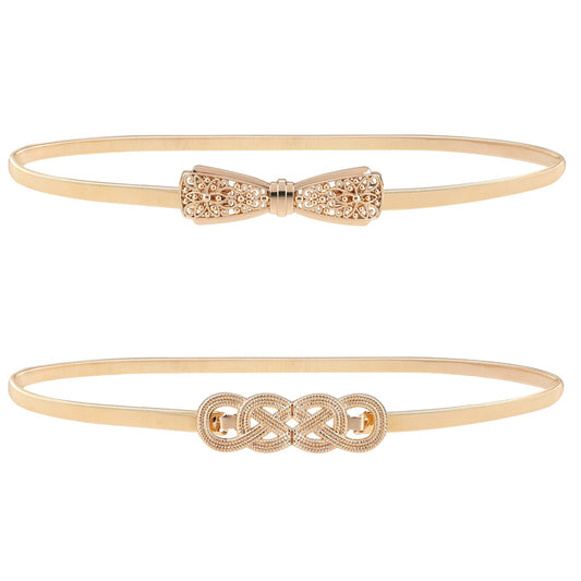 KALIONE 2 Packs Women's Gold Belt, Gold Belt for Dresses Metal Elastic Chain Belt Stretch Skinny Gold Bow Belt Waistbands for Women Girls Custom Accessories