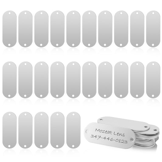 25 PCS Aluminum Blanks, Silver Laser Engraving Blanks Keyring Pendants Stamping Blanks Oval Metal Tags with 2 Holes for Jewelry Tags, Pet Id Tags, Military Dog Tags, DIY Leather Art Craft Projects