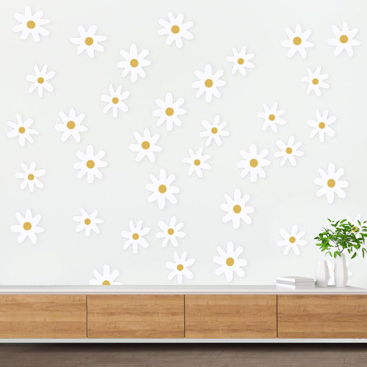 Daisy Flower Wall Stickers, 36 Pieces Daisy Wall Decor Boho Wall Decals Peel and Stick Wallpaper Floral White Daisy Wall Decal Retro Wall Stickers for Women Girls Living Room Bedroom Nursery Classroom