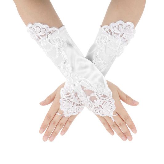 Psyqtsuary Lace Fingerless Gloves Long White Princess Gloves Satin Opera Gloves for Women Party Wedding Costume Cosplay Halloween Evening Porm