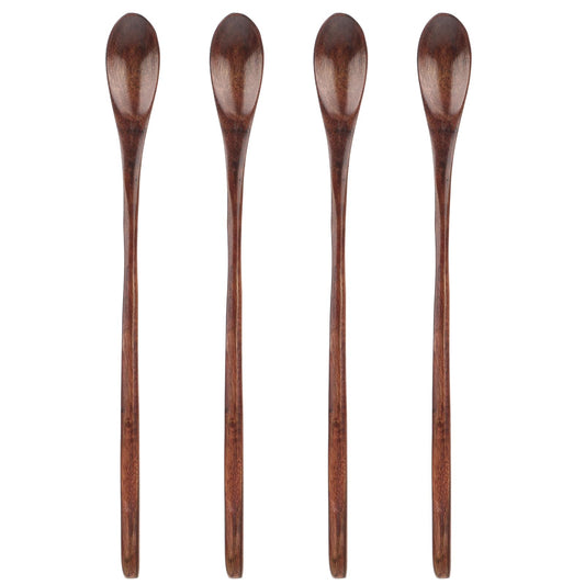 Small Wooden Spoons, 4 Pieces Wooden Spoons for Cooking Long Handle Tea Spoons Cocktail Spoons Tasting Spoons Long Wooden Coffee Spoons Wooden Honey Spoons for Tea Honey Mixing Stirring Eating