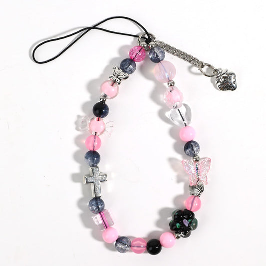 Beaded Phone Strap Beaded Phone Charm Butterfly Y2K Beaded Phone Bracelet Strap Wrist Strap Phone Bracelet Lanyard Cute Charms Cell Phone Lanyard Strap Handmade Flower Wrist Beads Chain for Women
