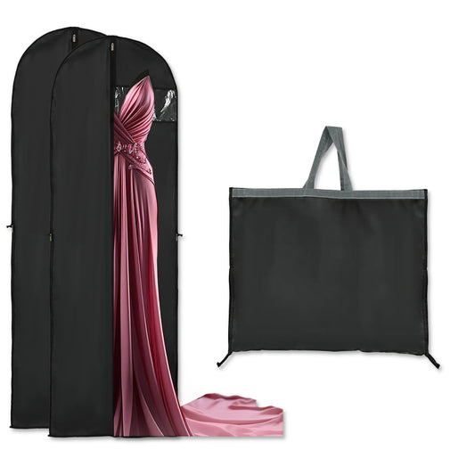 Pack of 2 Long Garment Bags, 60 x 180 cm, Breathable Clothes Covers, Foldable Suit Carry Bag, Travel, Dustproof Protective Bags with Handles for Wedding Dresses, Evening Dresses, Coats (Black)
