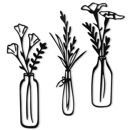 3 Pieces Flowers Wall Decor Black Floral Vase Wall Art Acrylic Minimalist Flower Wall Sculpture Decorative Floral Wall Decoration Vase Flowers Interior Decor for Living Room Kitchen Bathroom