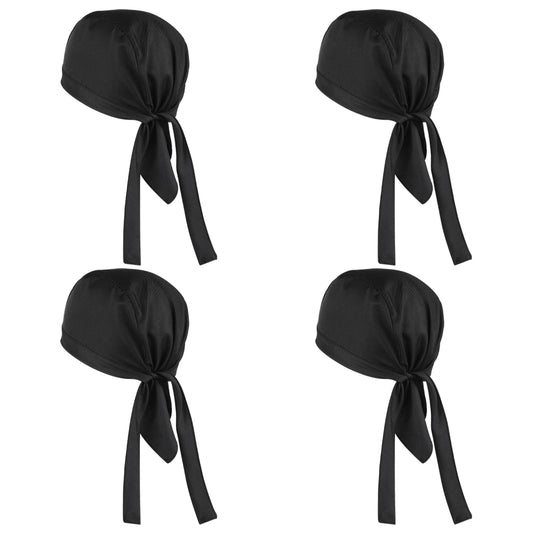 4 Pack Black Chef Skull Cap, Tie Back Chef Hat Cooking Hats, Chefs Bandana Cap with Ties for Men Women Adjustable Unisex Kitchen Caps