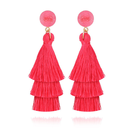 KALIONE Colorful Tassel Earrings for Women, 3 Tier Layered Bohemian Earrings Fringe Dangle Drop Rave Earrings Tiered Thread Tassel Earrings Jewelry Gift for Women Girls(Rose Red)