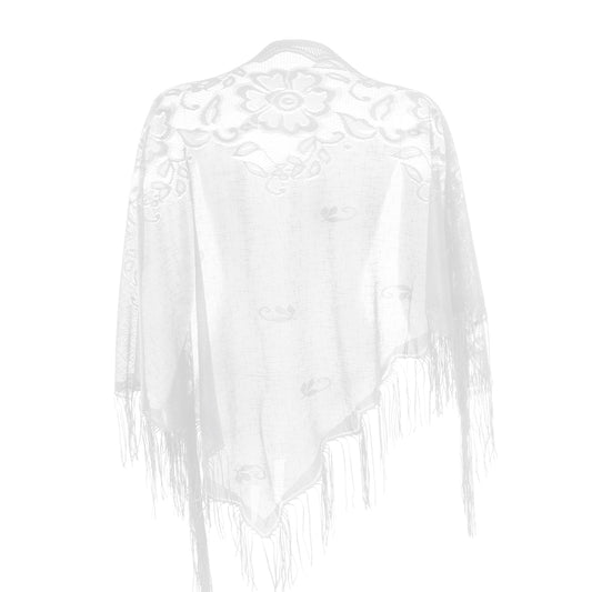 White Lace Shawls and Wraps for Evening Dresses with Tassels, Triangle Mesh Fringe Wraps for Women, Soft Lace Scarf for Evening Party Dress, Mesh Floral Wedding Shawls