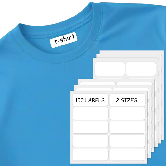 100Pcs No Iron Fabric Labels for Clothes Washable, Personalized Clothing Labels Name Stamp Labels Self Adhesive for Daycare Nursing Homes Camp Laundry Shop Supplies, Washer & Dryer Safe, 2 Size
