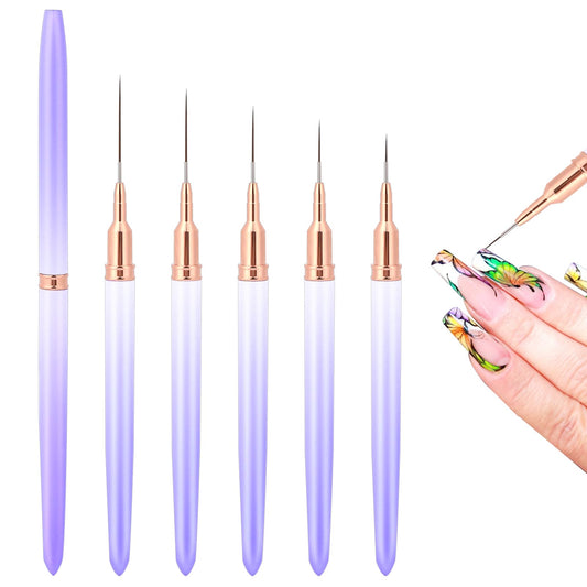 Nail Art Liner Brushes, 5Pcs 4/8/12/20/25mm Painting Nail Art Brush Set Nail Dotting Drawing Tool Nail Art Design Brush Detail Brush for Long Lines, Thin Details, Fine Drawing(Purple)