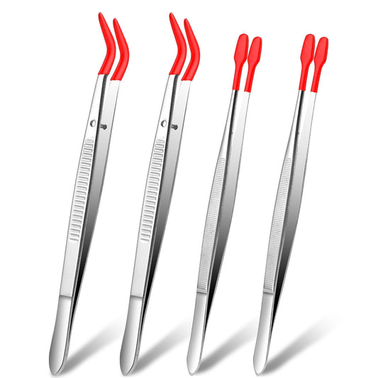 4 Pack Stainless Steel Stamp Tweezers with Rubber Tips Straight Tip Tweezers Bent Tip Tweezers PVC Coated Tweezers for Crafts Stamps Jewelry Beads Lab Tools(Red)