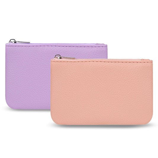 2 Pack Coin Purse, Portable PU Leather Coin Purse with Zipper Coin Purse Mini Change Purse Small Coin Purse for Women Credit Card Folded Bills ID Key Headset Lipstick(Pink&Purple)